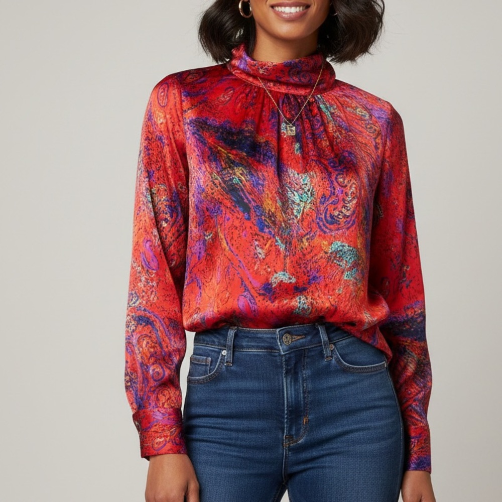 Vintage‎ Maureen M Red Multicolor Satin Blouse